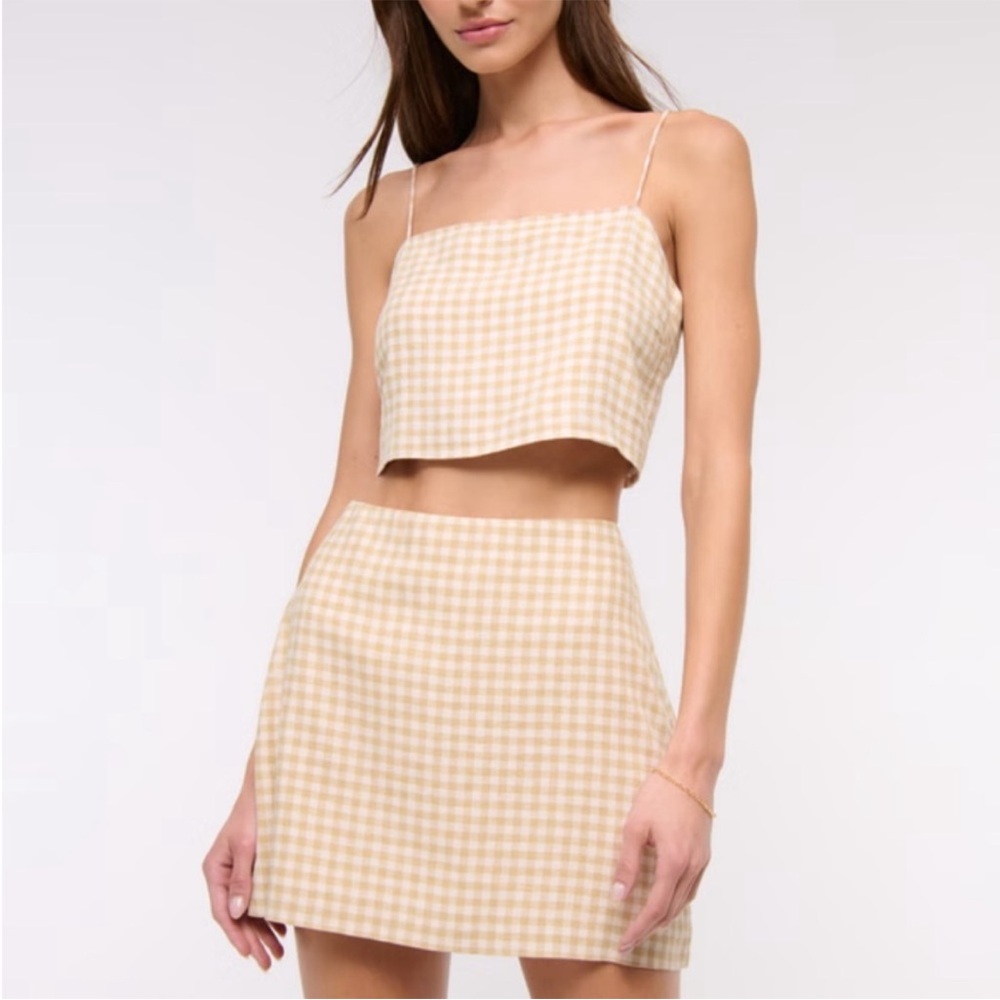 Abercrombie and Fitch Scarlett linen blend mini skort brown gingham NWT
